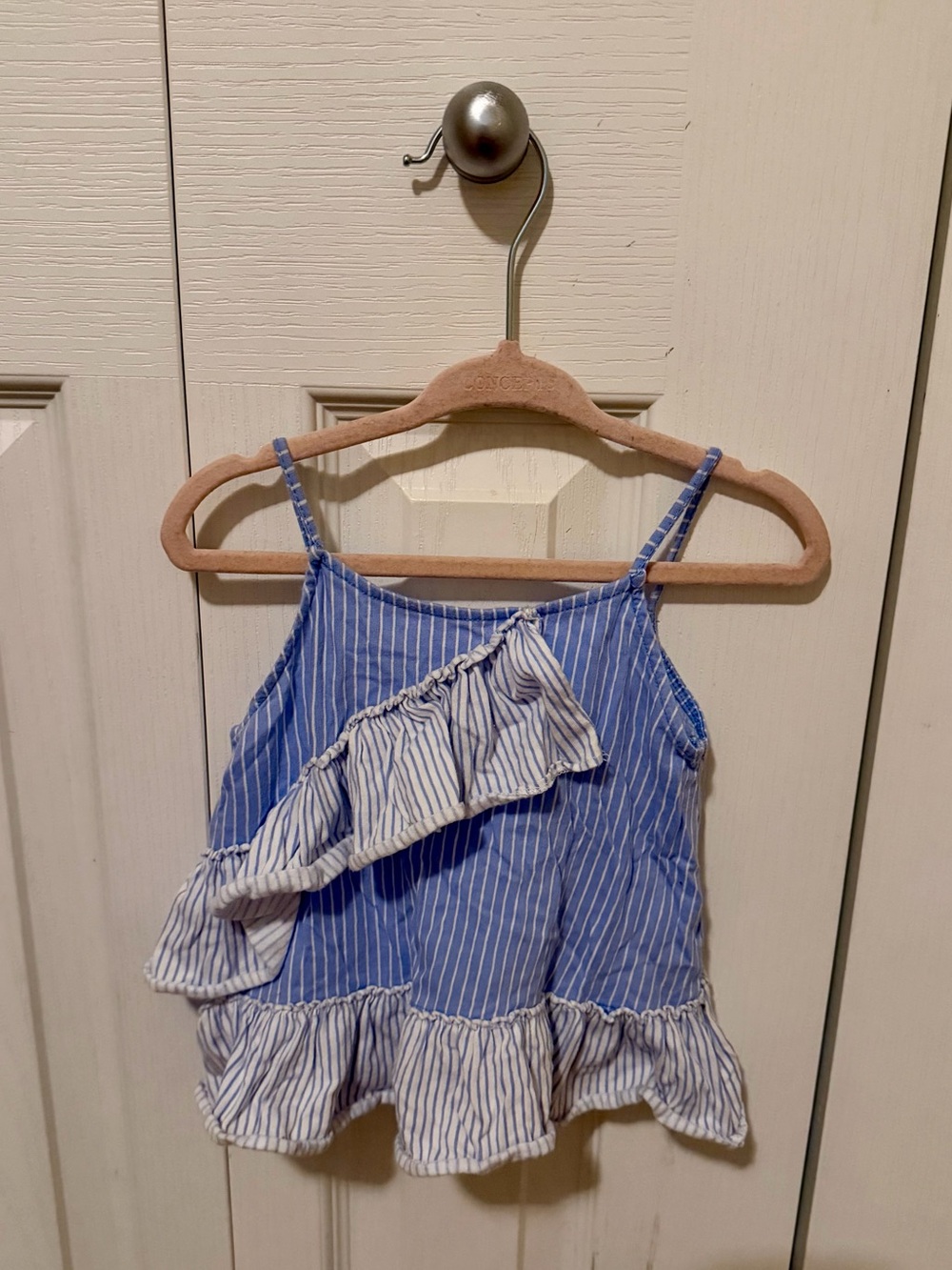 Zara Blue and White Striped Ruffle Tank Top